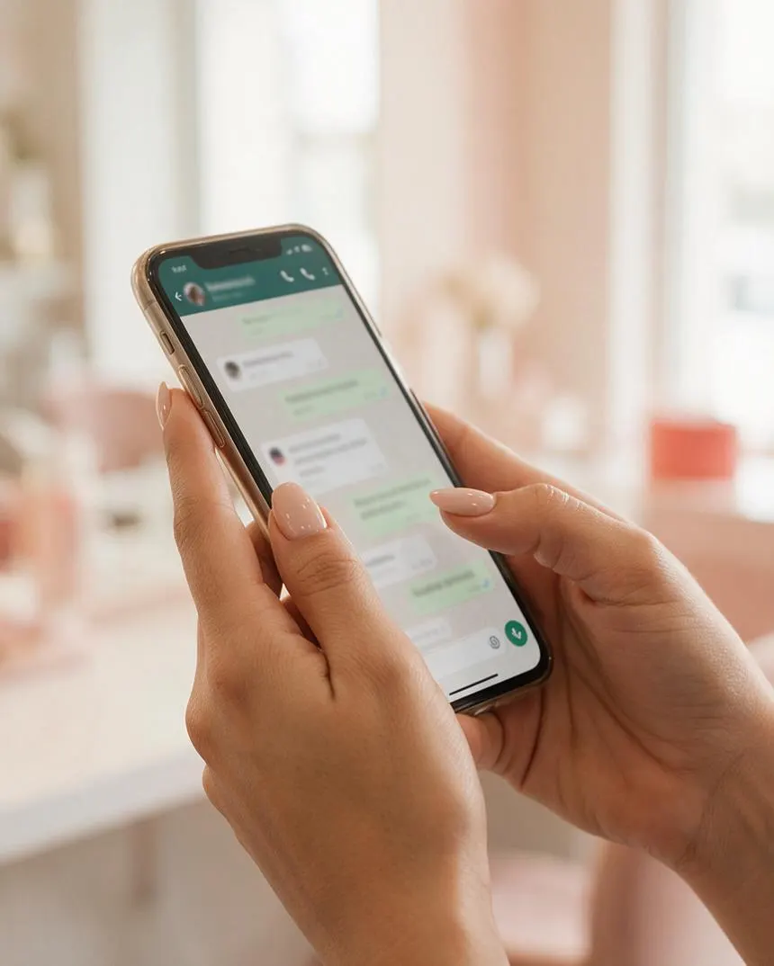 Mano de una clienta sosteniendo su celular con una conversación de WhatsApp abierta, uñas con Gelish nude