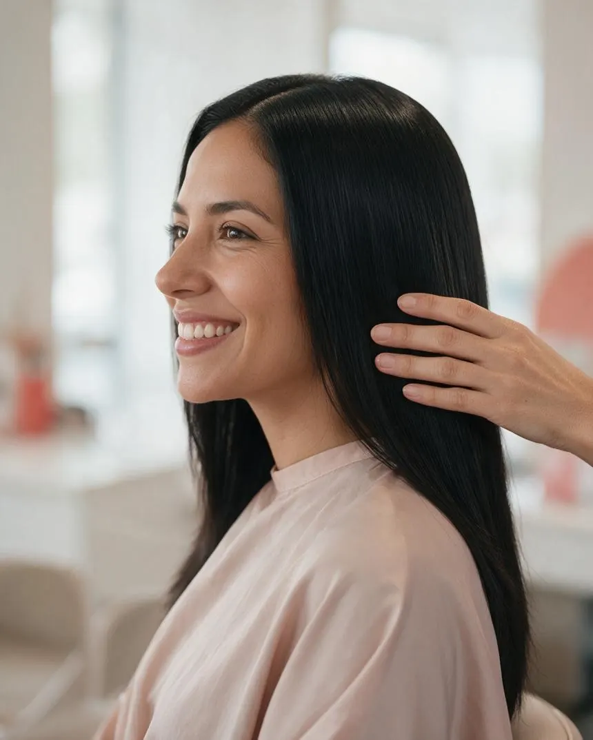 Clienta de perfil deslizando la mano por su cabello liso y brillante al terminar el servicio, fondo del salón desenfocado