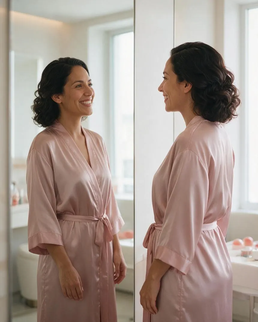 Clienta ya maquillada y peinada mirándose al espejo del salón con una sonrisa, justo antes de salir a su evento