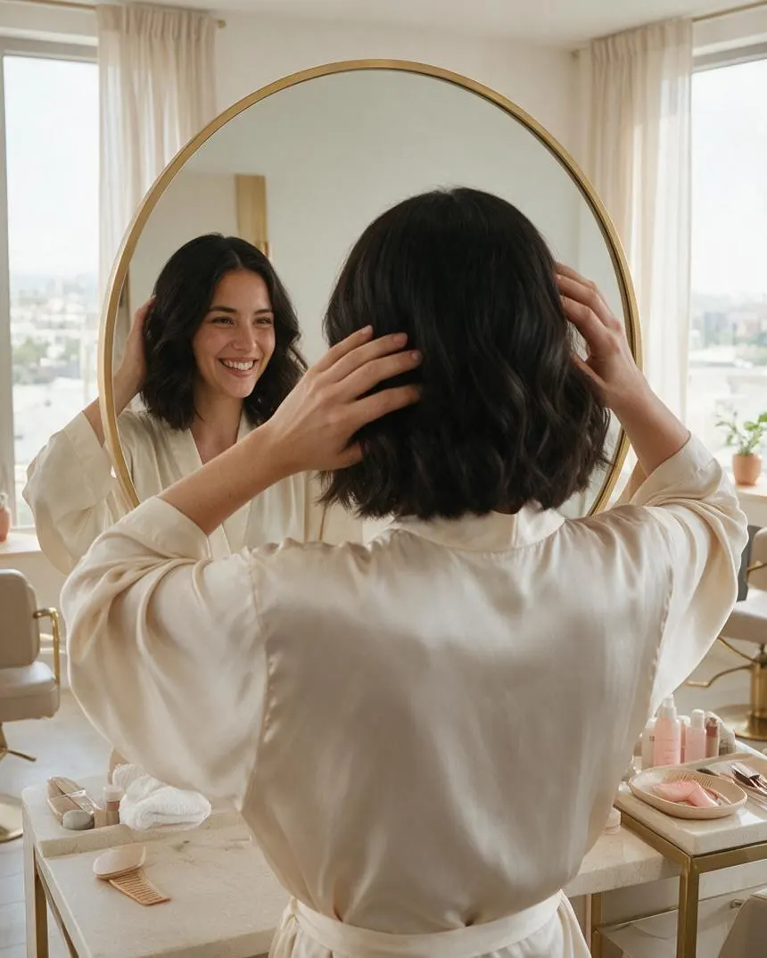 Clienta pasándose la mano por el cabello recién cortado frente al espejo, satisfecha con el nuevo largo