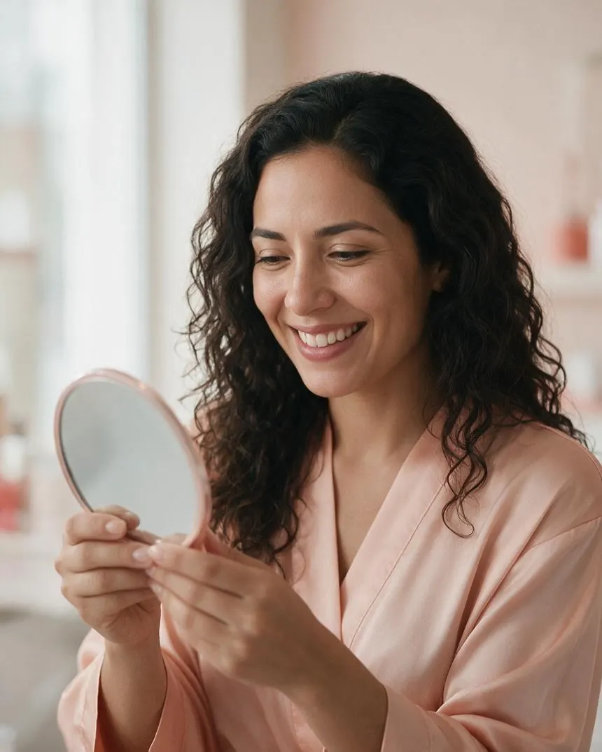 Clienta mirándose en un espejo de mano después del servicio de cejas, sonrisa natural