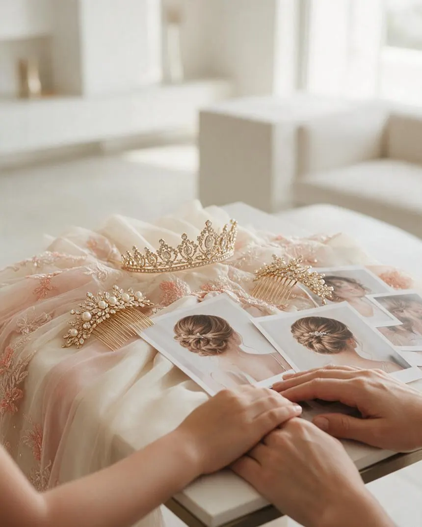 Tiara, peineta y fotos impresas de referencias de peinado sobre la mesa del salón junto a una muestra de tela del vestido