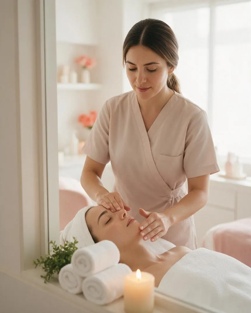Toallas blancas enrolladas, una vela encendida y una planta pequeña sobre la repisa de la cabina facial