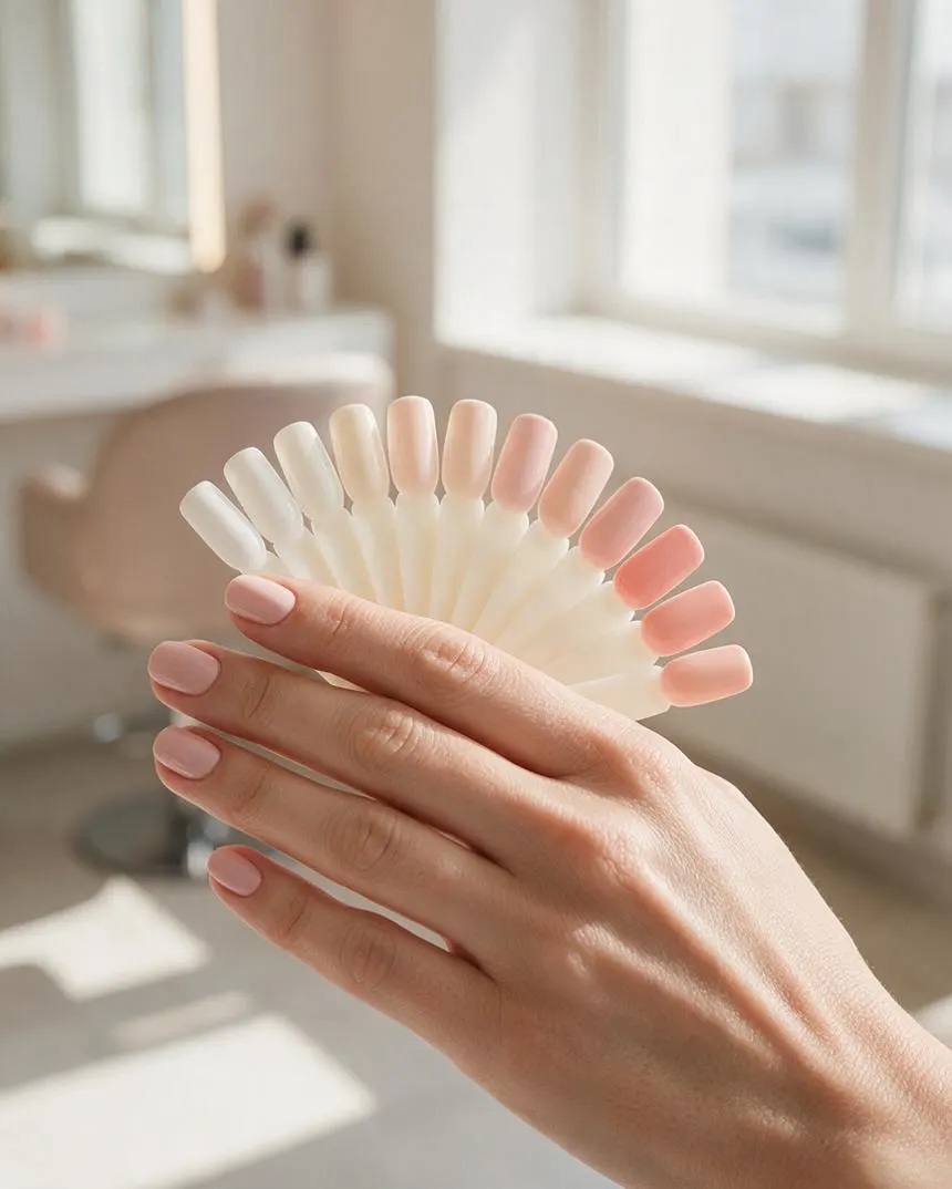 Carta de colores de Gelish en abanico junto a una mano con uñas en un solo tono