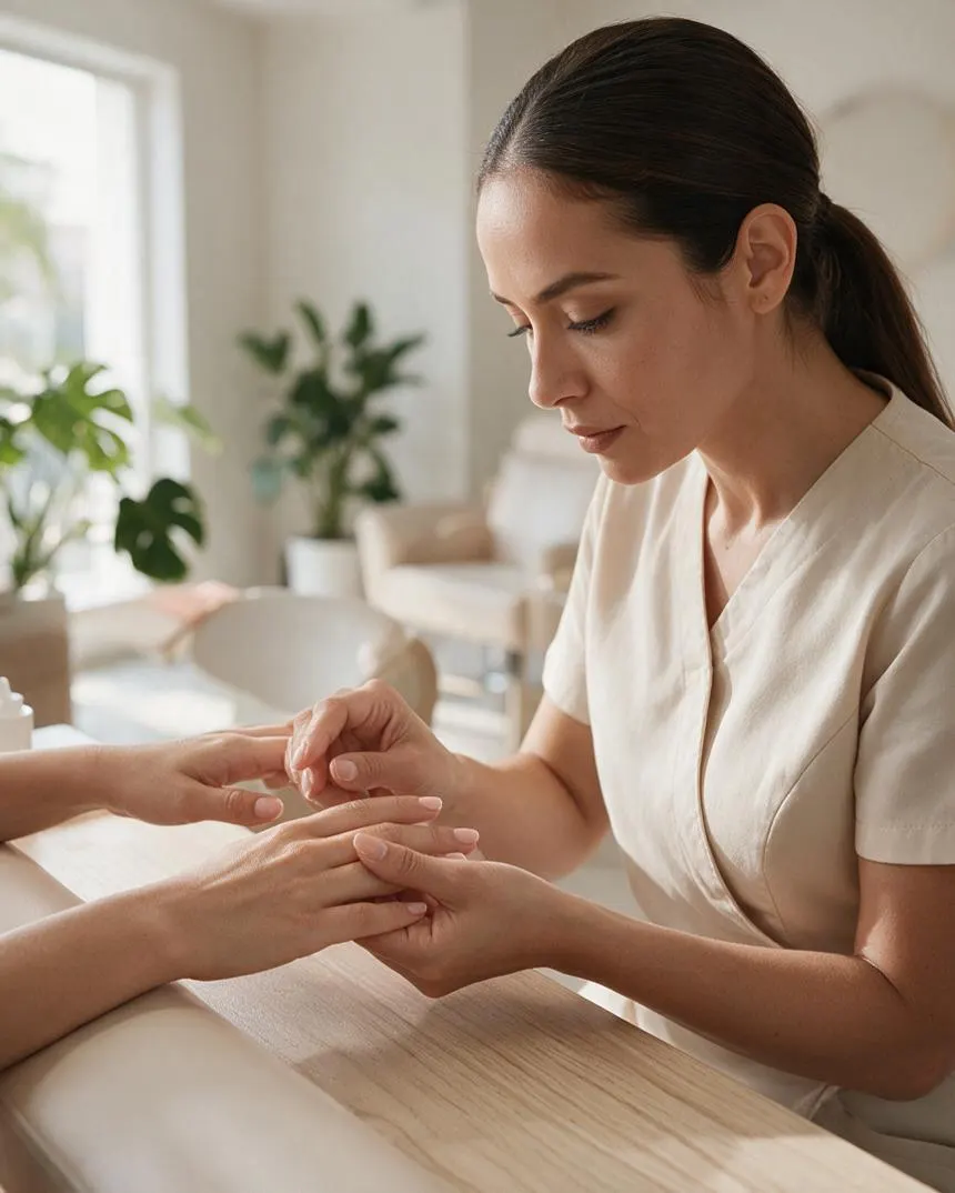 Manos de la clienta sobre la mesa de manicure mientras la especialista revisa el estado de sus uñas antes de empezar