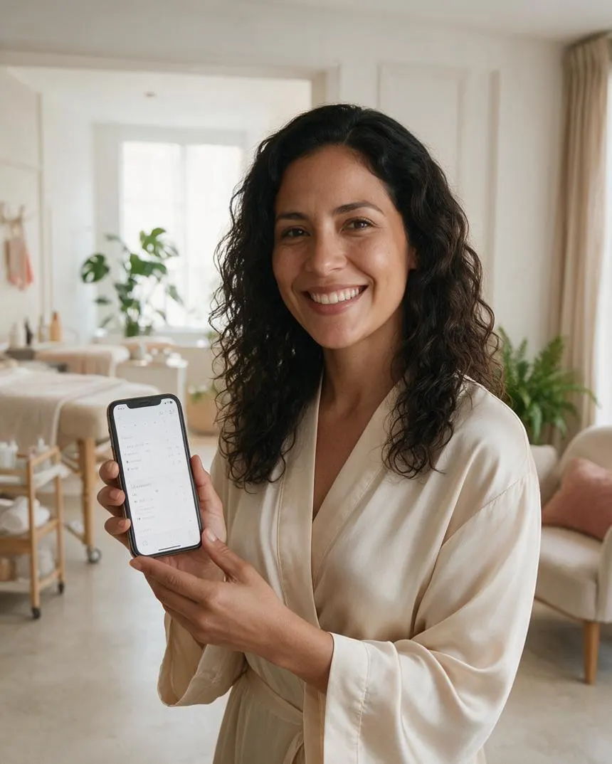 Clienta revisando en su celular la confirmación de su cita (fecha, hora y servicio) antes de salir de casa o en la entrada…