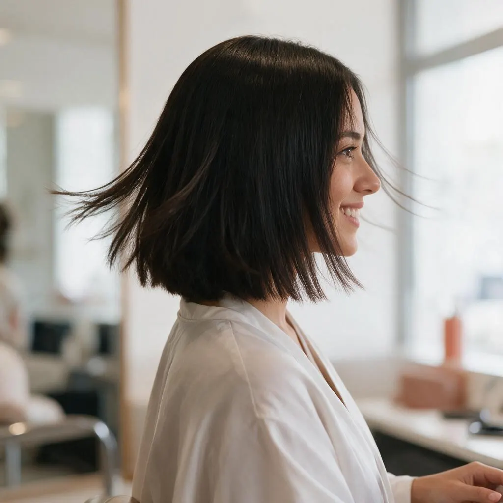 Corte recién terminado visto de perfil, puntas definidas y cabello en movimiento
