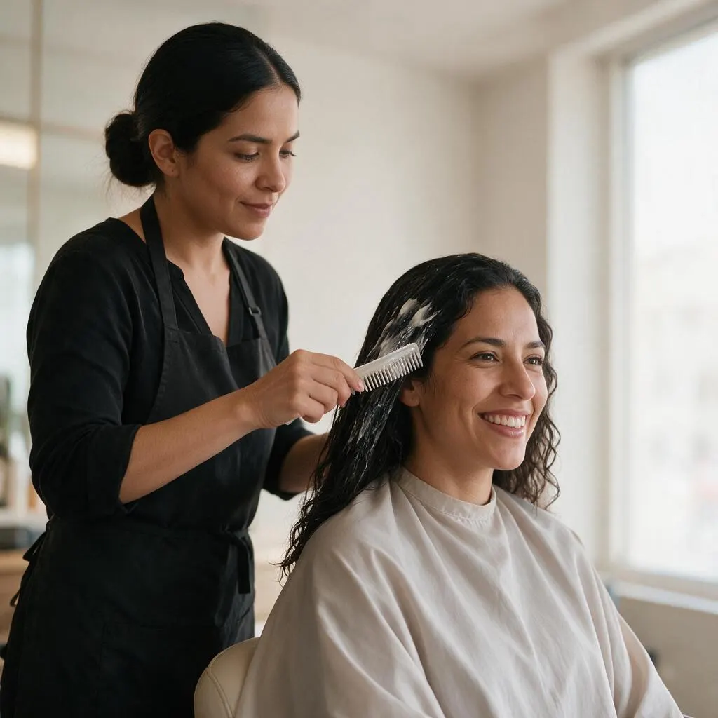 Estilista aplicando mascarilla en medios y puntas con peine de dientes anchos