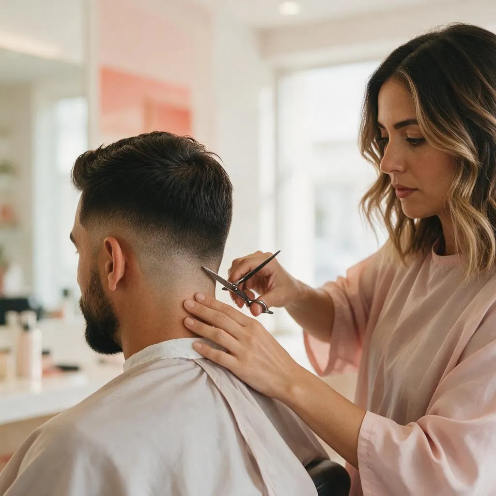 Corte de barbería con degradado visto de nuca, en la silla del salón