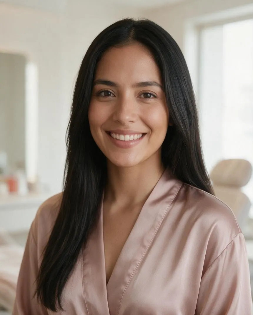 Primer plano de la mirada completa con cejas laminadas y pestañas rizadas, luz suave y piel natural