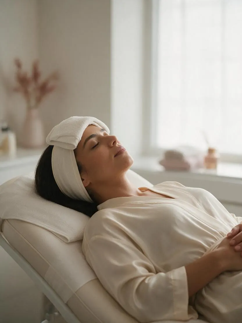 Clienta recostada en la camilla facial con banda en el cabello y toalla, ojos cerrados