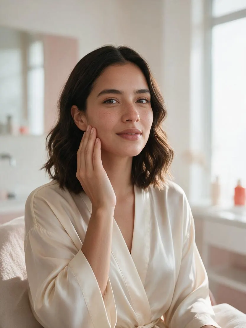 Clienta sentada tras el facial, tocándose la mejilla con expresión relajada