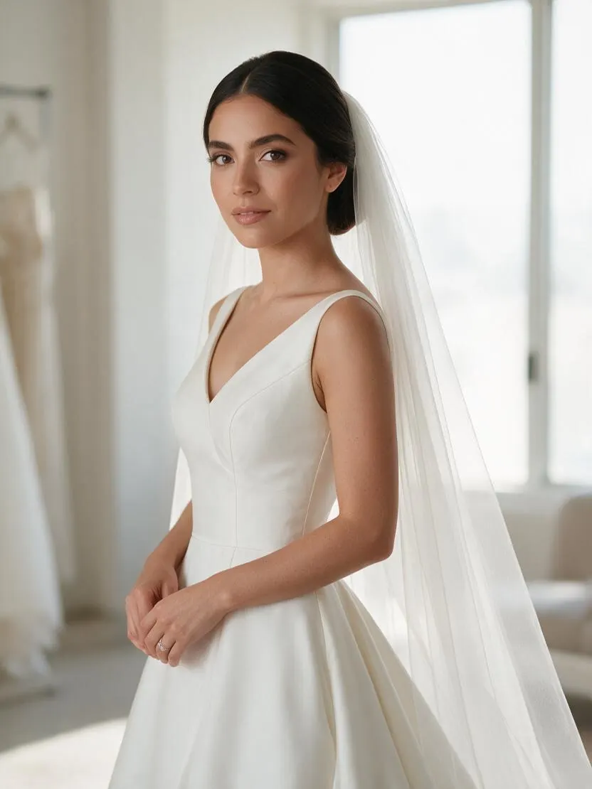 Novia con velo largo y peinado recogido bajo, retrato de medio cuerpo con luz de ventana