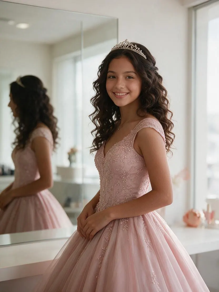Quinceañera con tiara y rizos, vista de tres cuartos junto al espejo del salón
