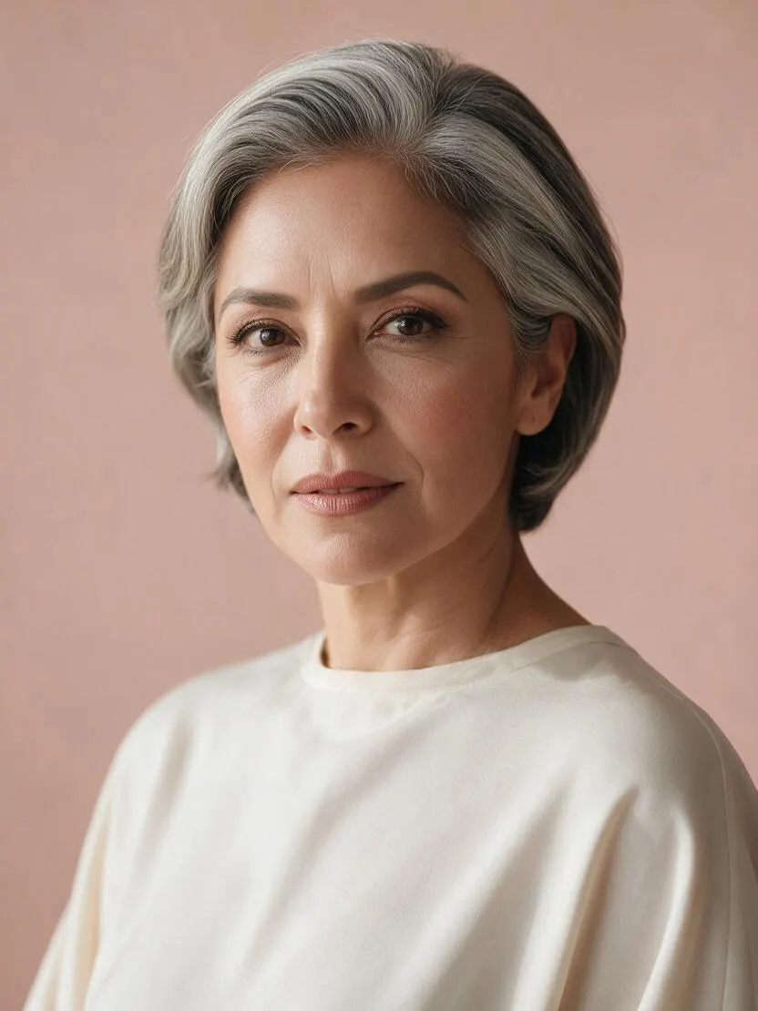 Clienta con maquillaje social y peinado terminado, retrato de hombros hacia arriba con fondo durazno