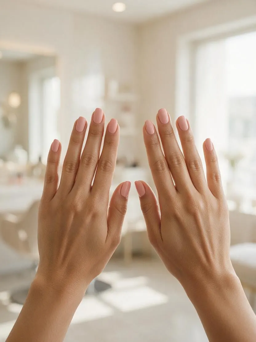 Manos con Gelish de un solo color (rojo, nude o rosa) sobre fondo liso, luz natural