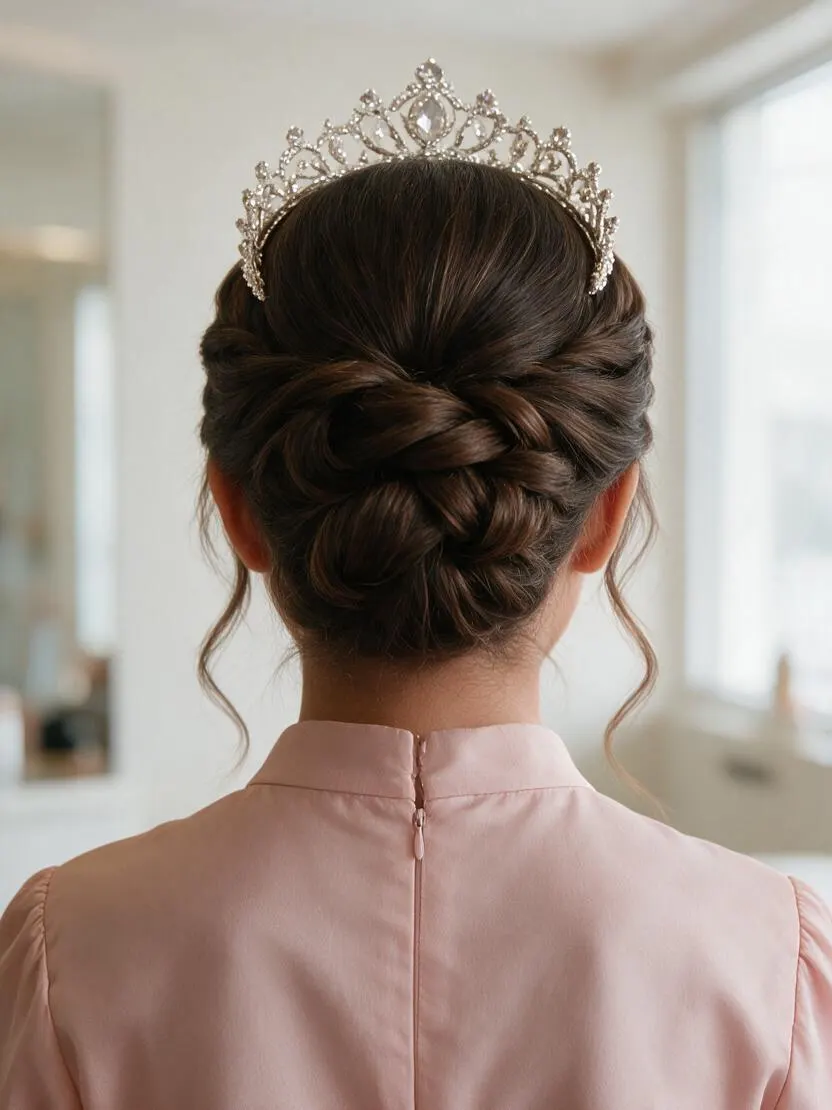 Detalle de un peinado de celebración con accesorio brillante (tiara o peineta), visto por detrás