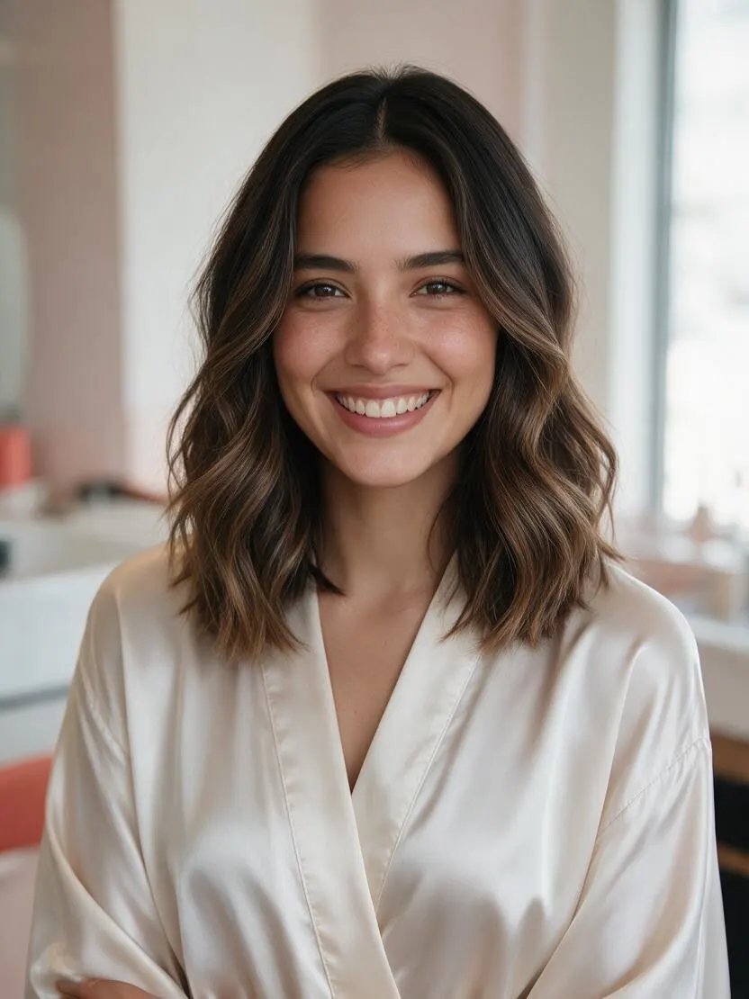 Balayage suave en cabello castaño, ondas sueltas con luz natural