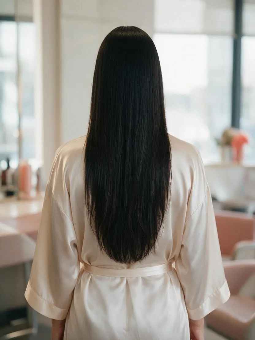 Cabello largo y liso con brillo, vista de espaldas con luz natural