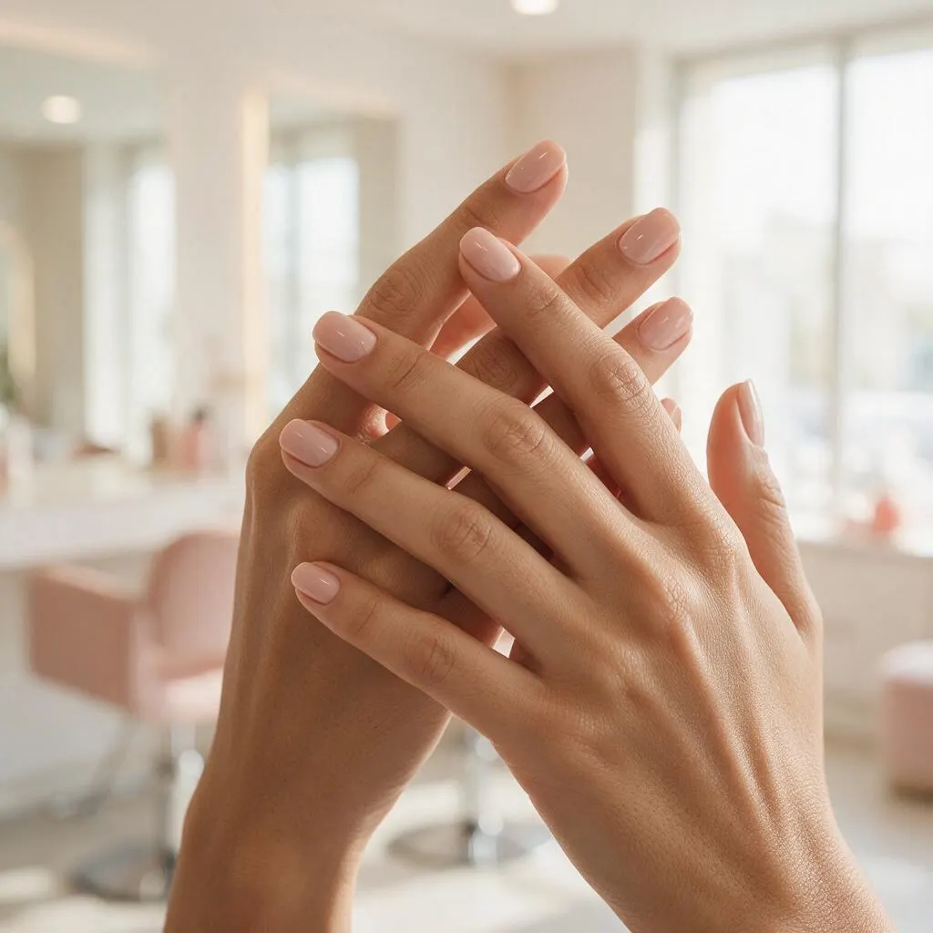 Gelish de un tono nude rosado en uñas cortas cuadradas