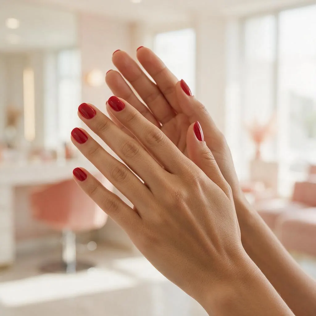 Manos con Gelish de un tono rojo clásico sobre fondo claro