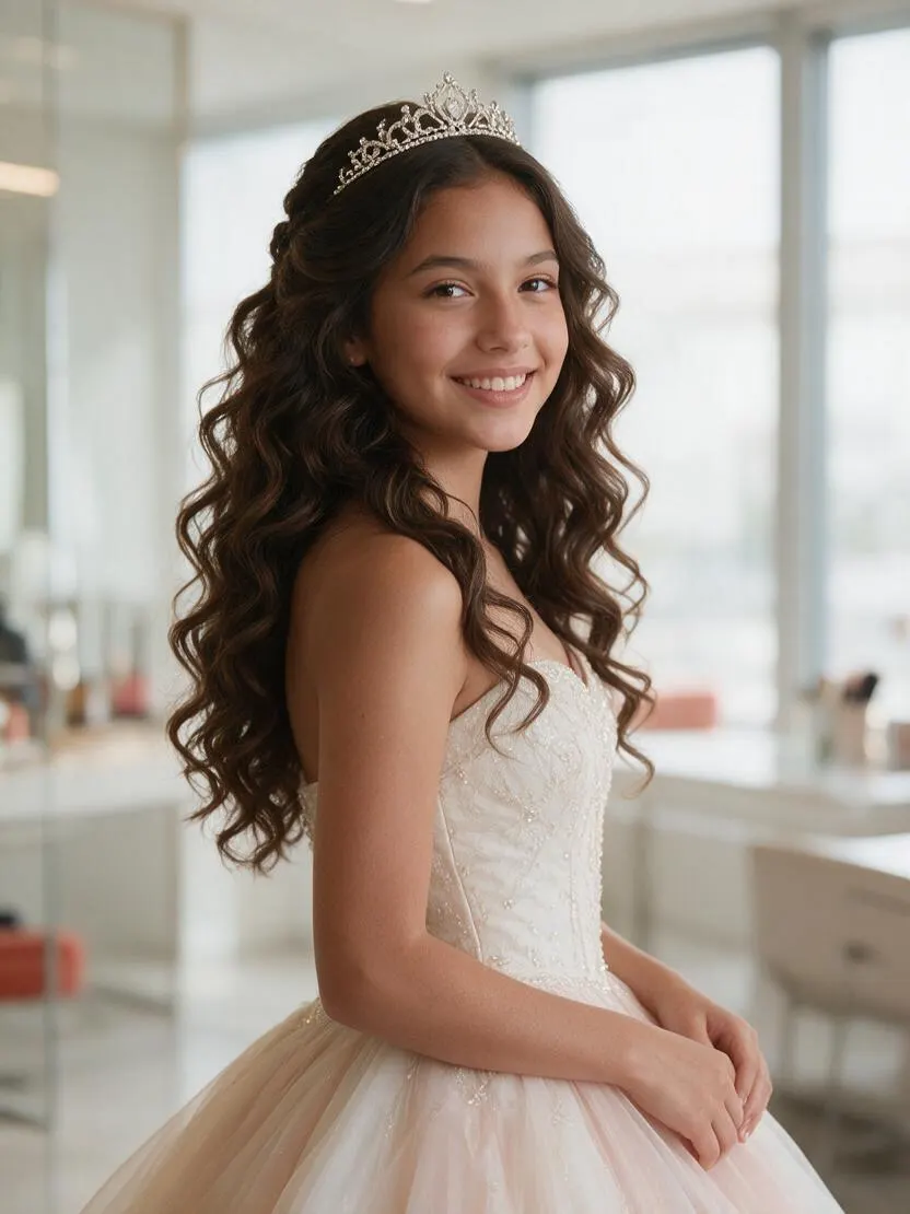 Quinceañera con tiara y rizos, vista de tres cuartos