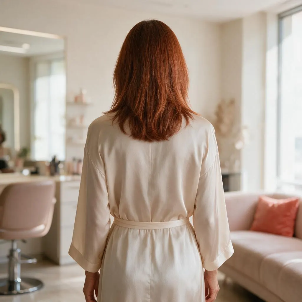 Tono cobrizo uniforme en cabello medio, vista de espaldas
