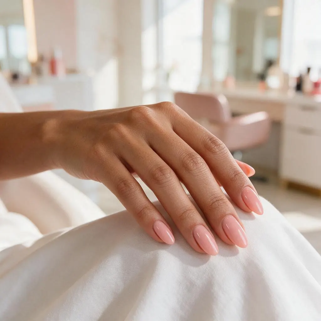 Gelish de un tono en uñas almendradas, mano sobre tela blanca