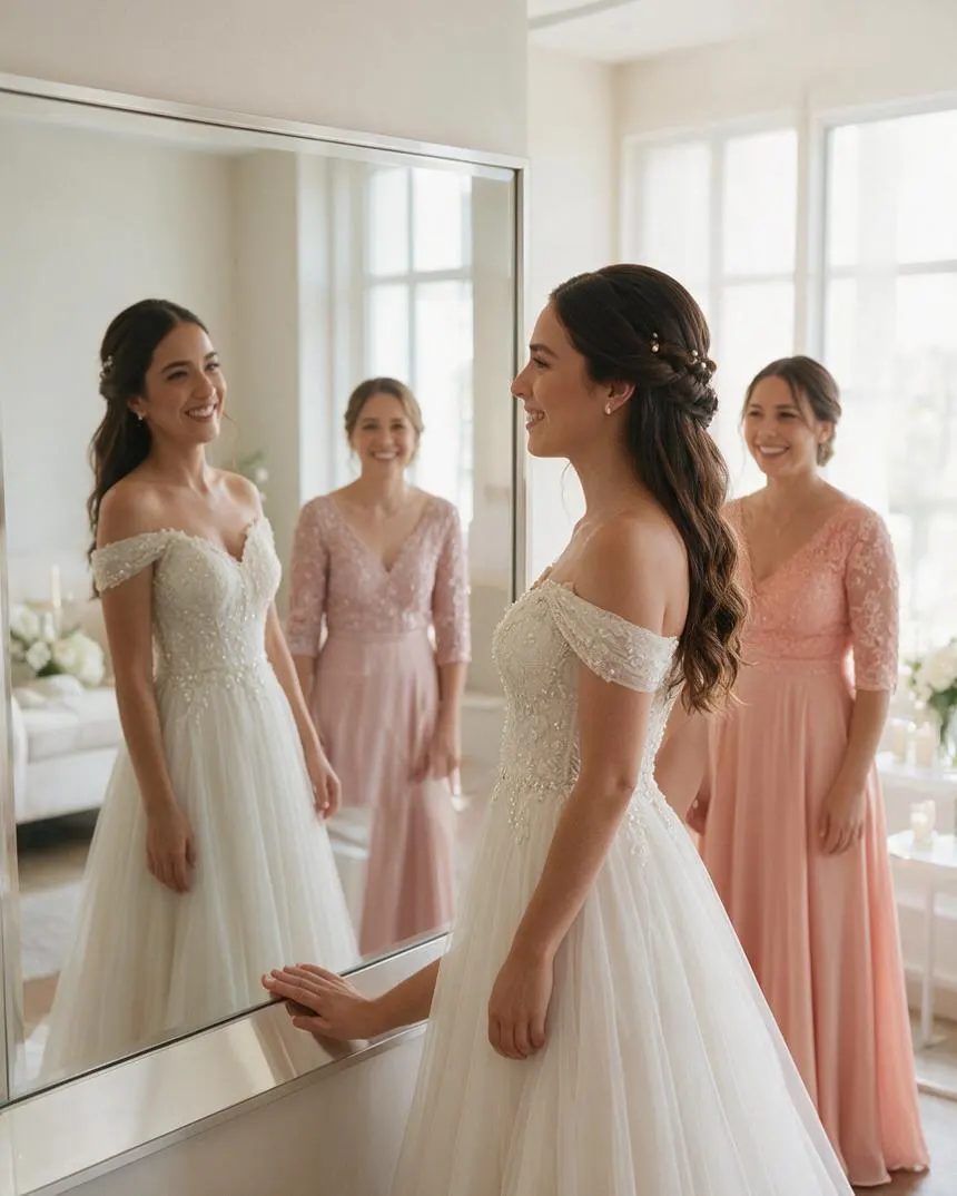 Novia sonriendo frente al espejo del salón, reflejo visible
