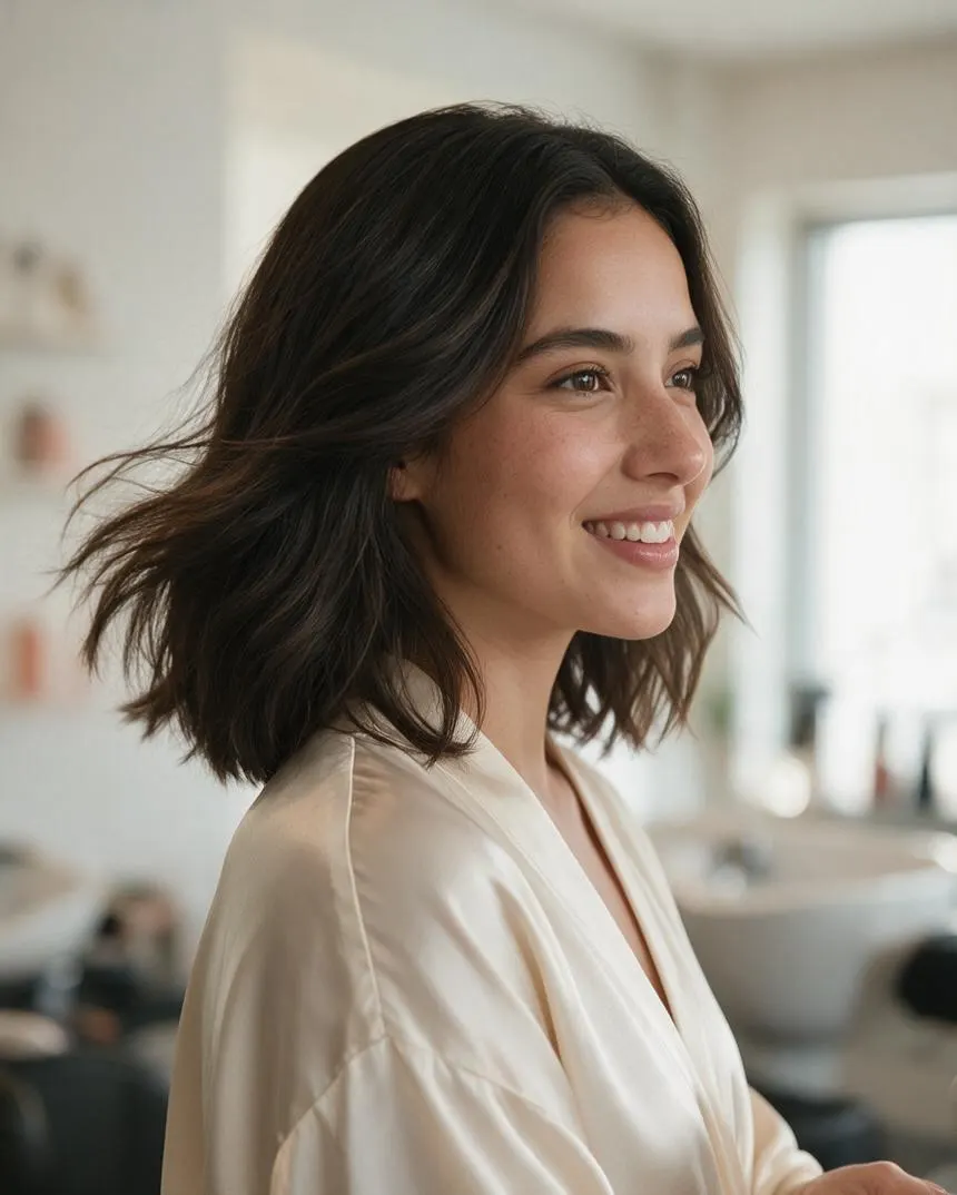 Cabello medio liso con movimiento, vista lateral