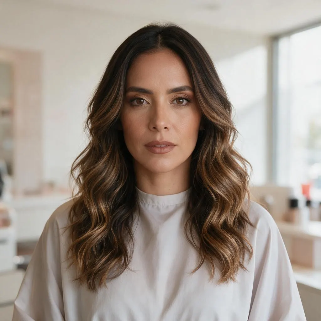 Balayage suave con ondas sueltas, luz natural sin filtros