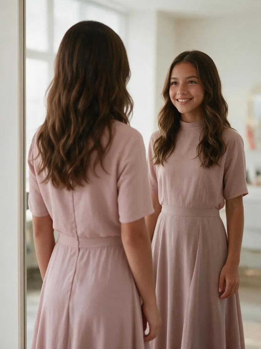 Quinceañera frente al espejo con su vestido, vista de espaldas