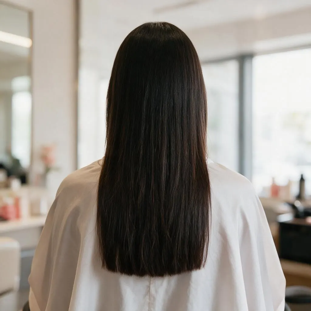 Puntas despuntadas y rectas en cabello largo, vista trasera