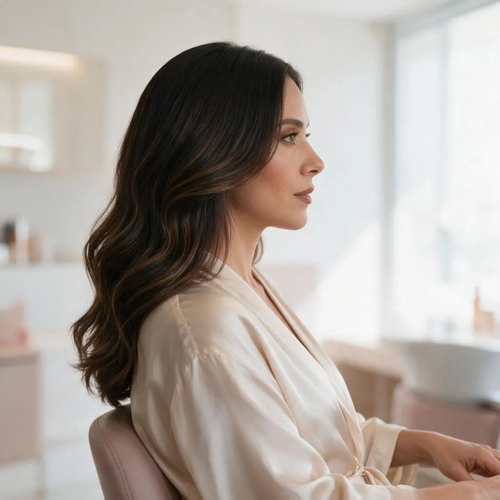 Ondas suaves estilo Hollywood en cabello largo, vista lateral
