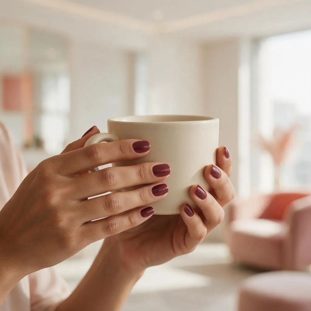 Gelish en tono vino o chocolate, mano sosteniendo una taza