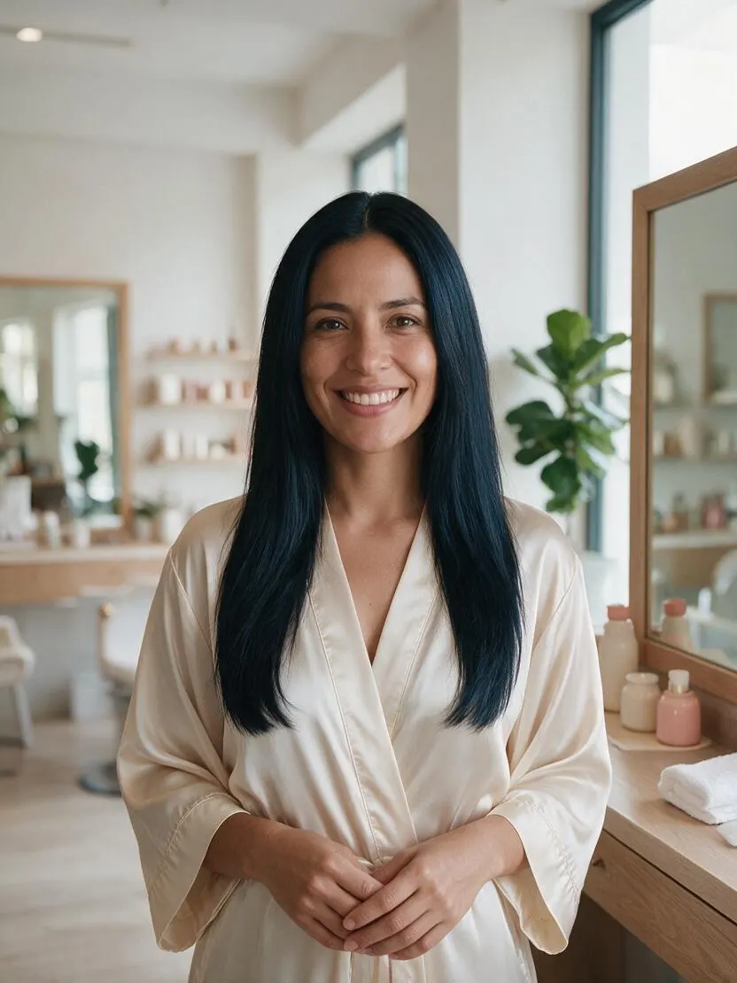 Negro azulado brillante en cabello largo y liso