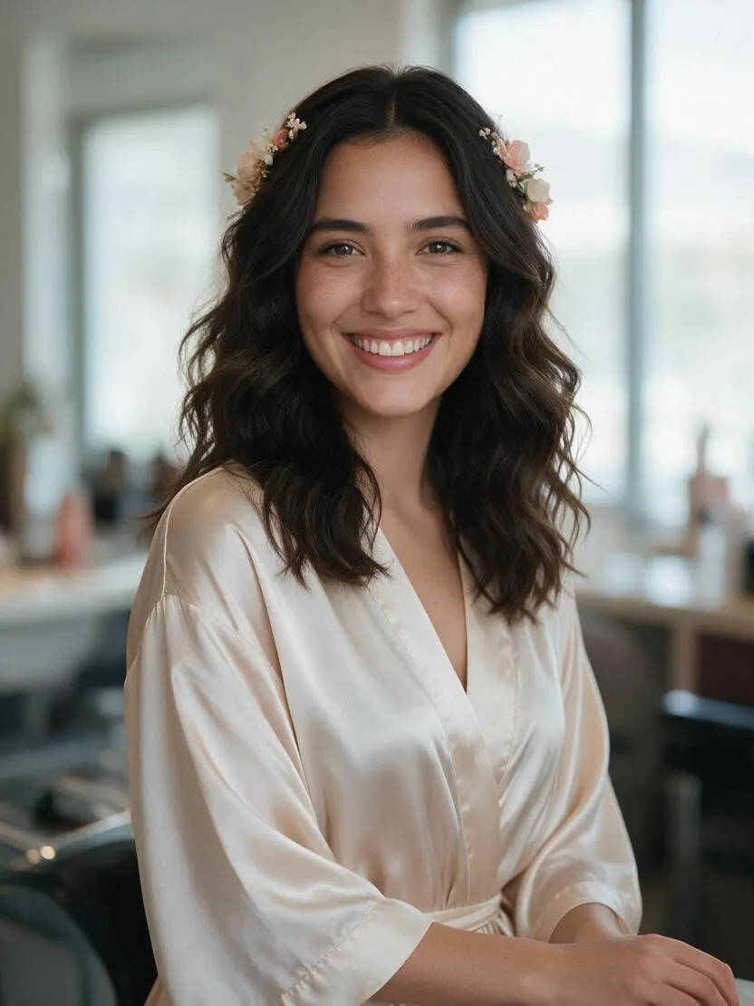 Peinado suelto con ondas y tocado floral