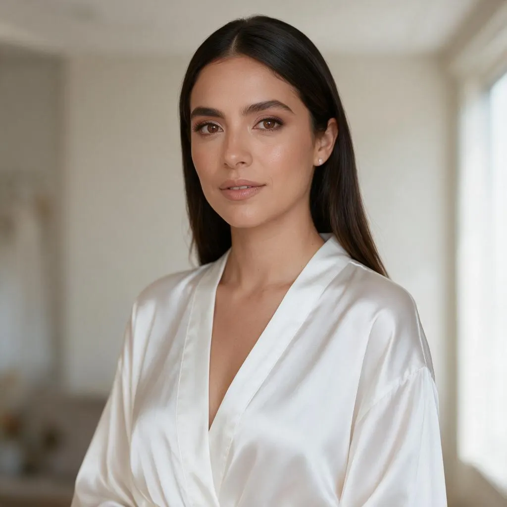 Novia de medio cuerpo con luz de ventana, lista para salir