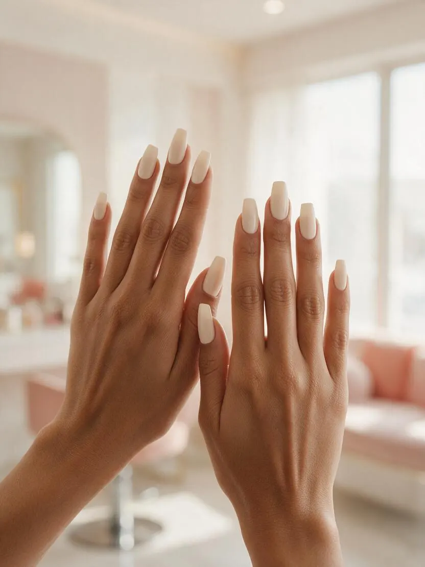 Uñas aplicadas largas en tono lechoso, forma coffin