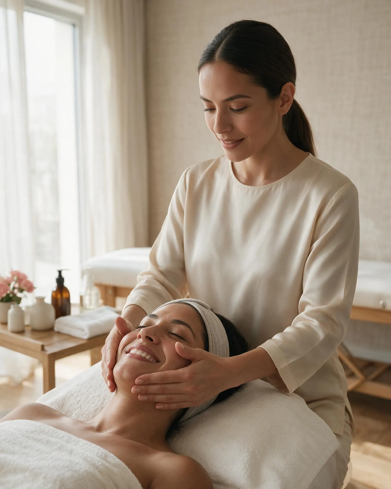 Clienta recostada en la camilla facial con banda en el cabello y toalla, ojos cerrados y expresión relajada