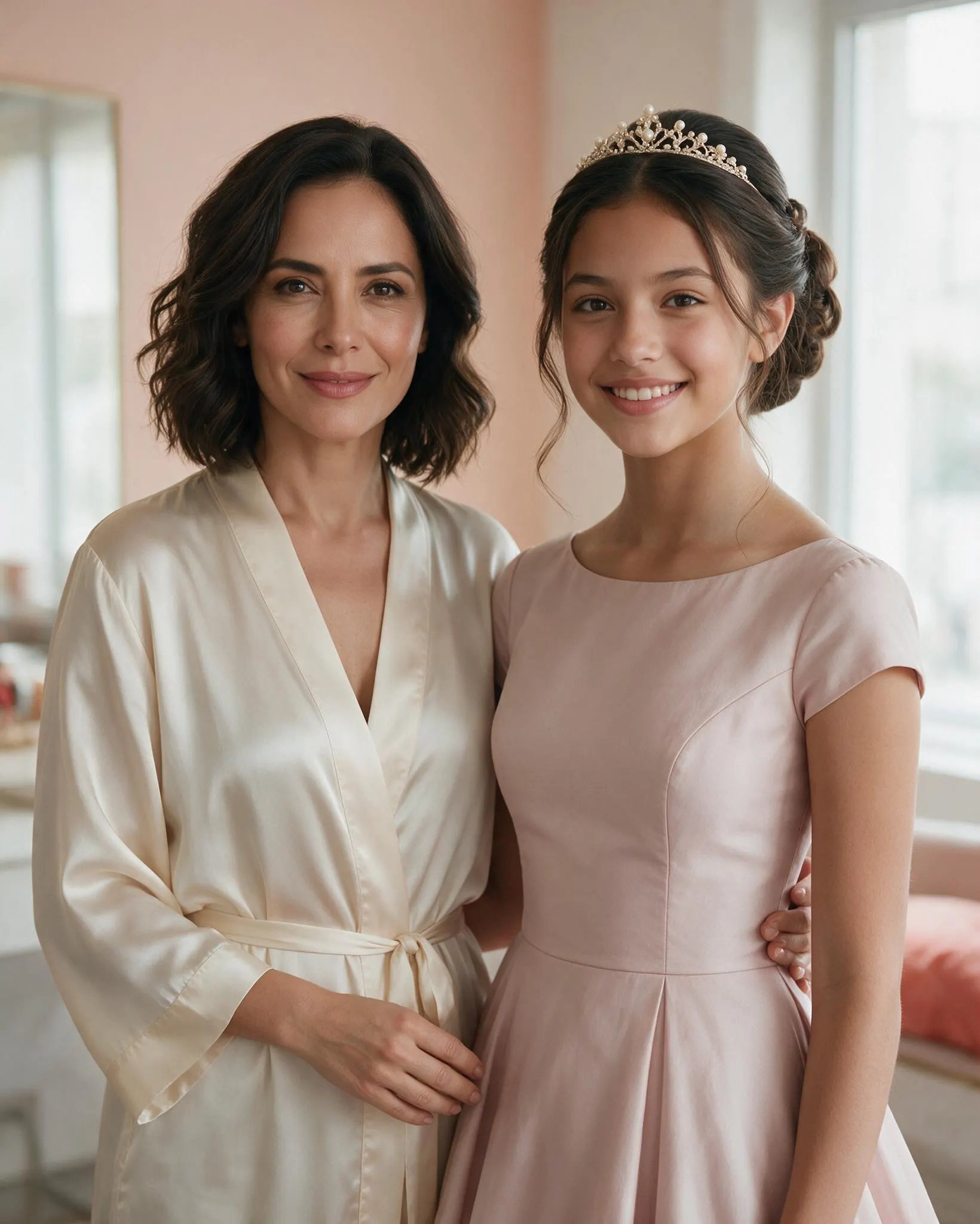Quinceañera con peinado de celebración, tiara y maquillaje fresco acorde a su edad, sonriendo a cámara