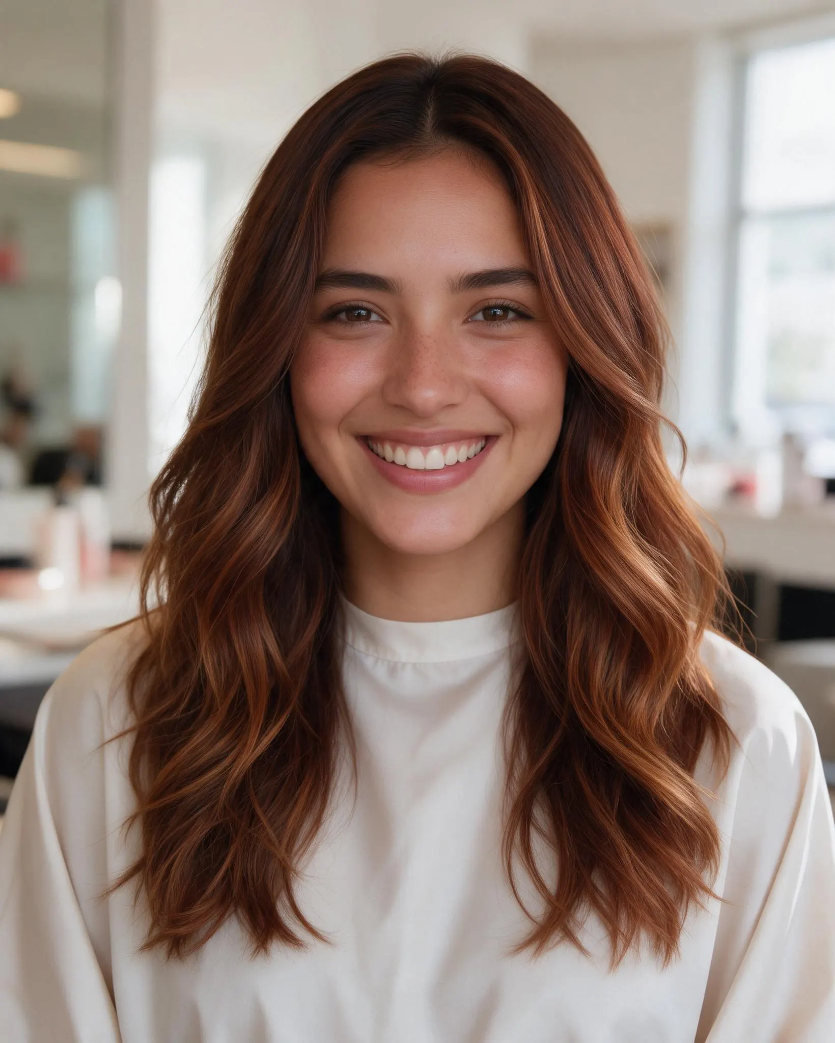 Melena con color terminado (castaño luminoso, cobrizo o balayage suave) peinada en ondas, fotografiada con luz natural para…
