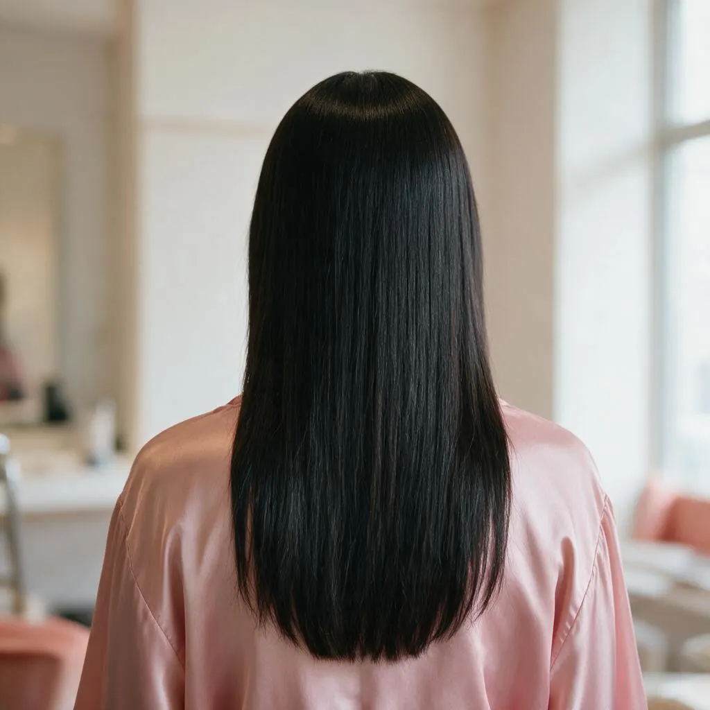 Cabello largo, liso y brillante visto de espaldas después de un alisado