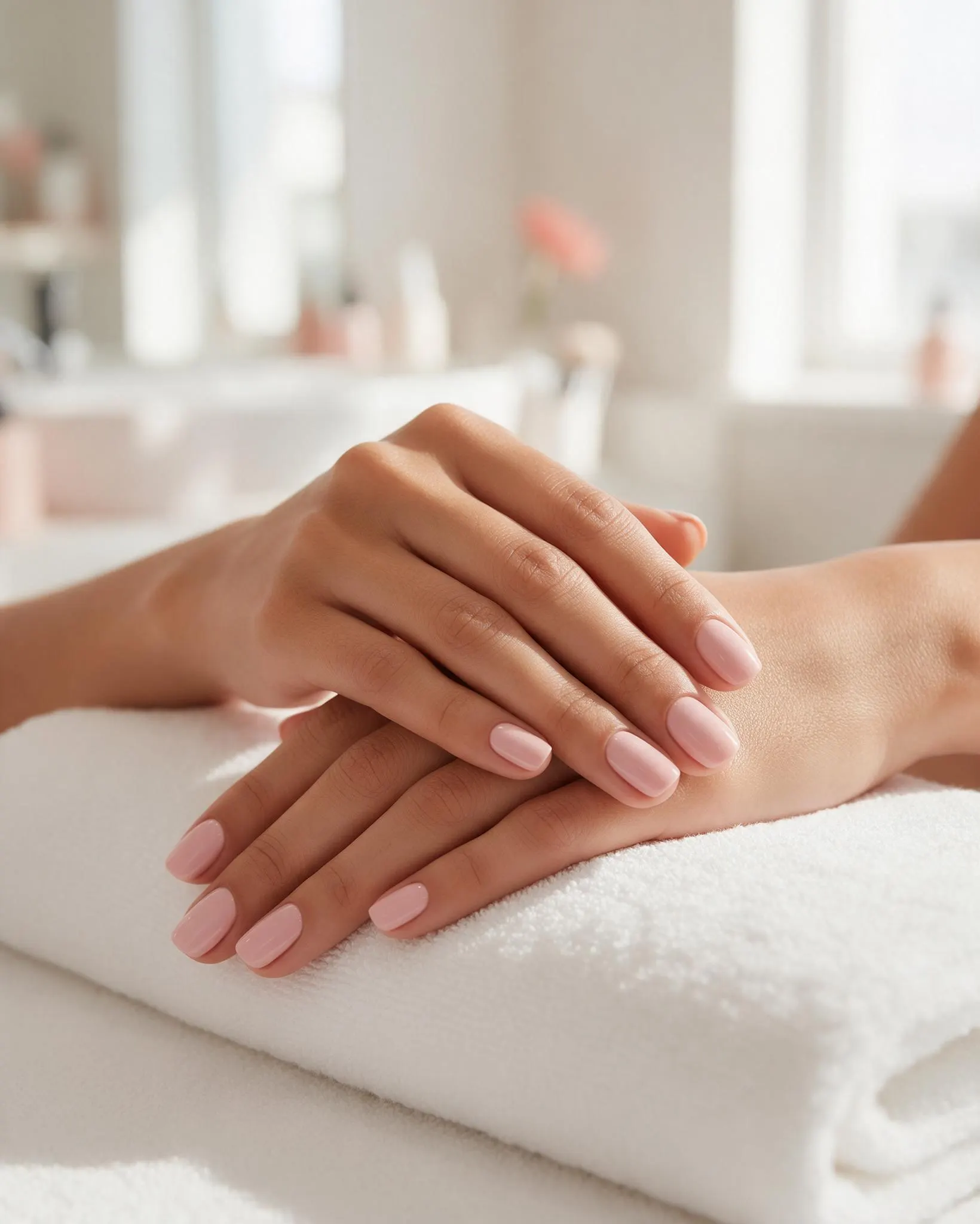 Manos de una clienta con Gelish de un tono (rosa palo o rojo clásico) sobre una toalla blanca, uñas de largo medio