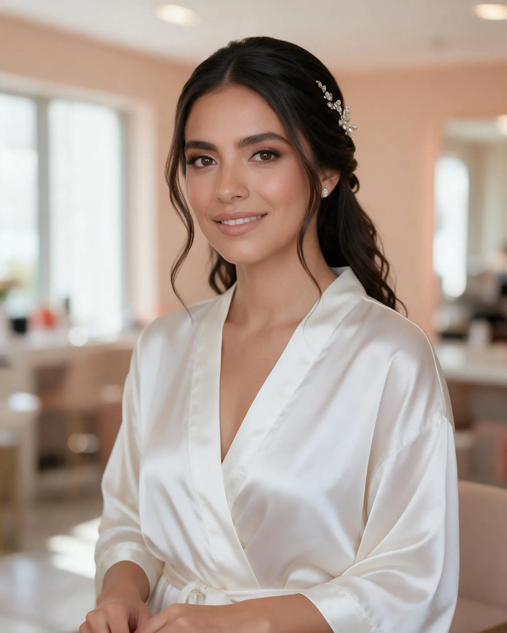 Novia en el salón con maquillaje y peinado terminados (recogido o semirecogido con accesorio), de medio cuerpo, sonriendo