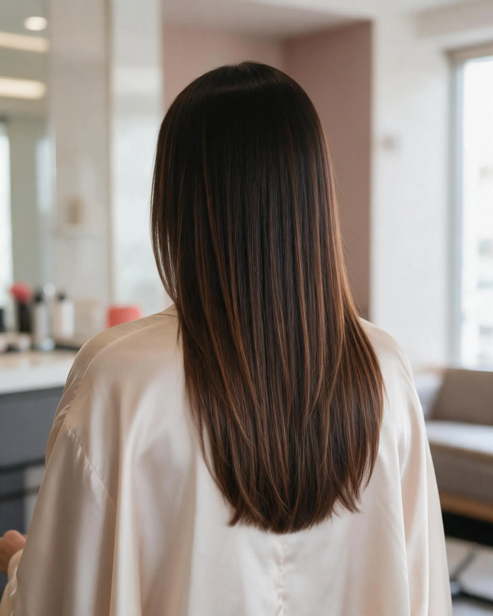 Cabello largo, liso y con brillo después de un alisado, fotografiado de espaldas con luz natural