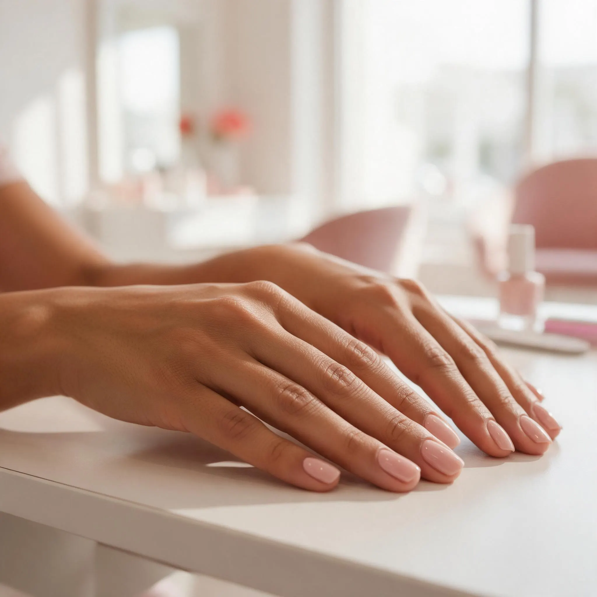 Detalle de manos con Gelish de un tono nude rosado sobre la mesa de manicure, fondo claro