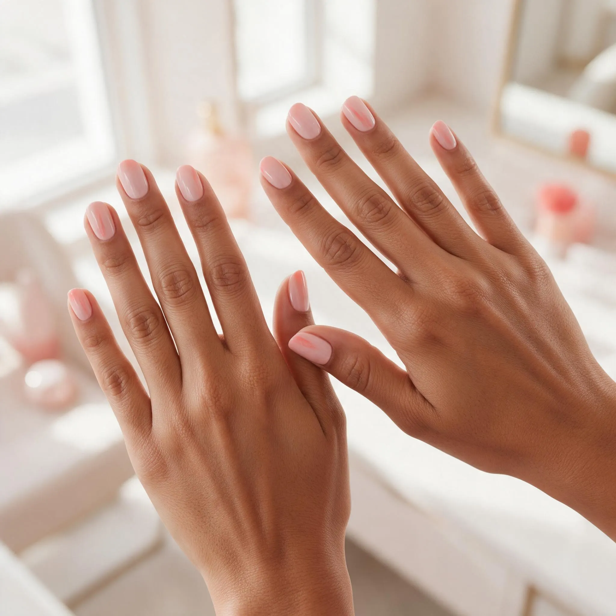 Detalle de uñas con Gelish de un tono realizado en el salón, foto cenital sobre fondo claro