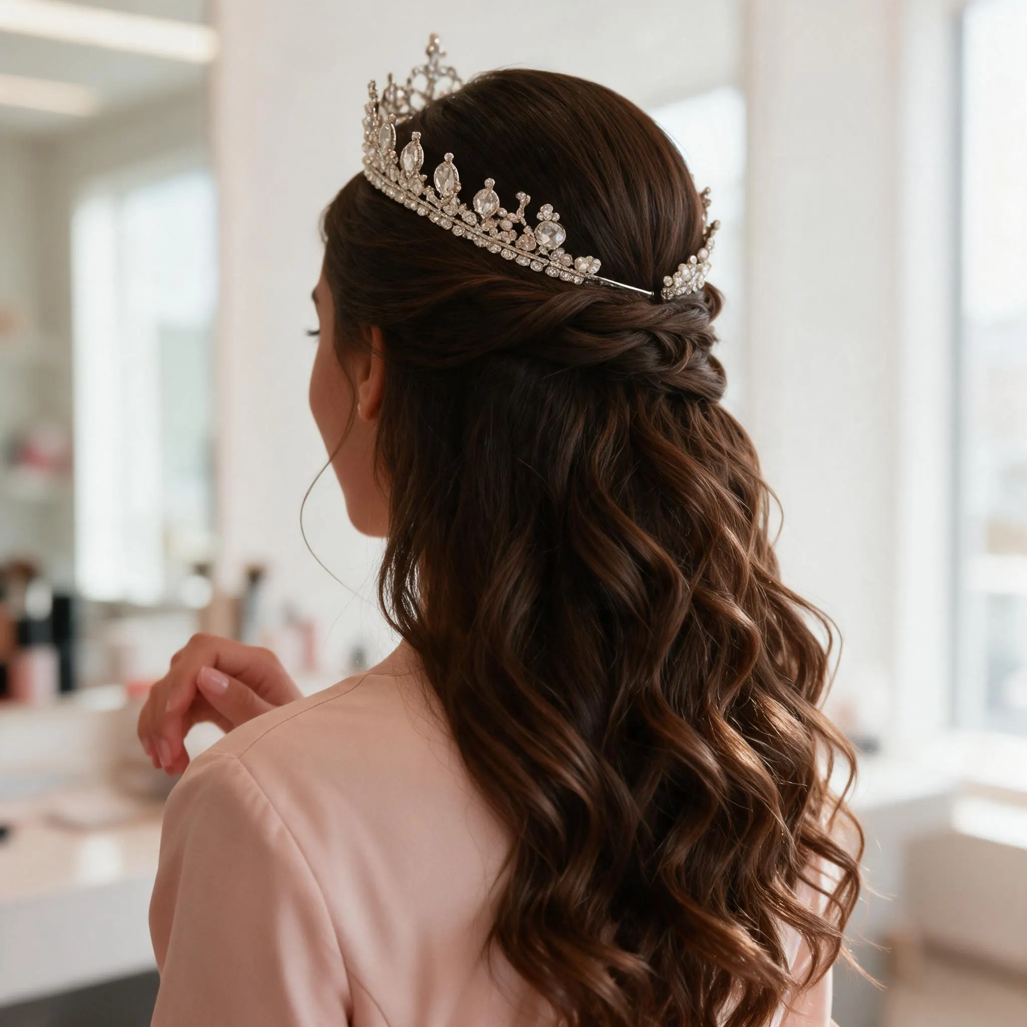 Detalle de la tiara y los rizos del peinado de XV años, vista de tres cuartos por detrás, sin mostrar el rostro