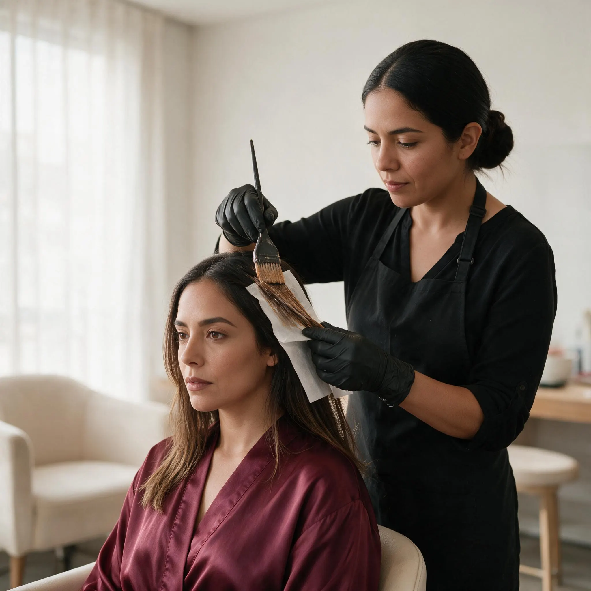 Estilista aplicando tinte con brocha sobre una sección de cabello separada con papel